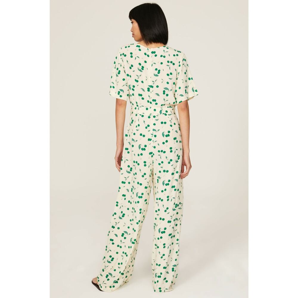 Tara Jarmon FR 36 US 4 Cream Green Cali Cherry Print Wide Leg Jumpsuit 1 PC - Picture 2 of 7